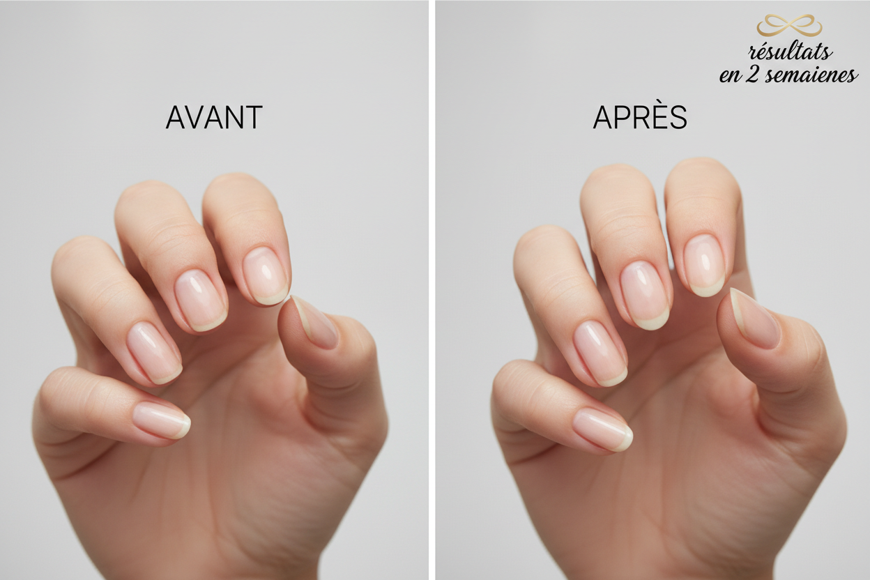 resultat avant/apres (genre avant une main avec des tout petit ongle et aprés avec des ongles plus long dans la limite du raisonnable bien sur) écris en haut a droite en sorte de logo " résultats en 2 semaines"